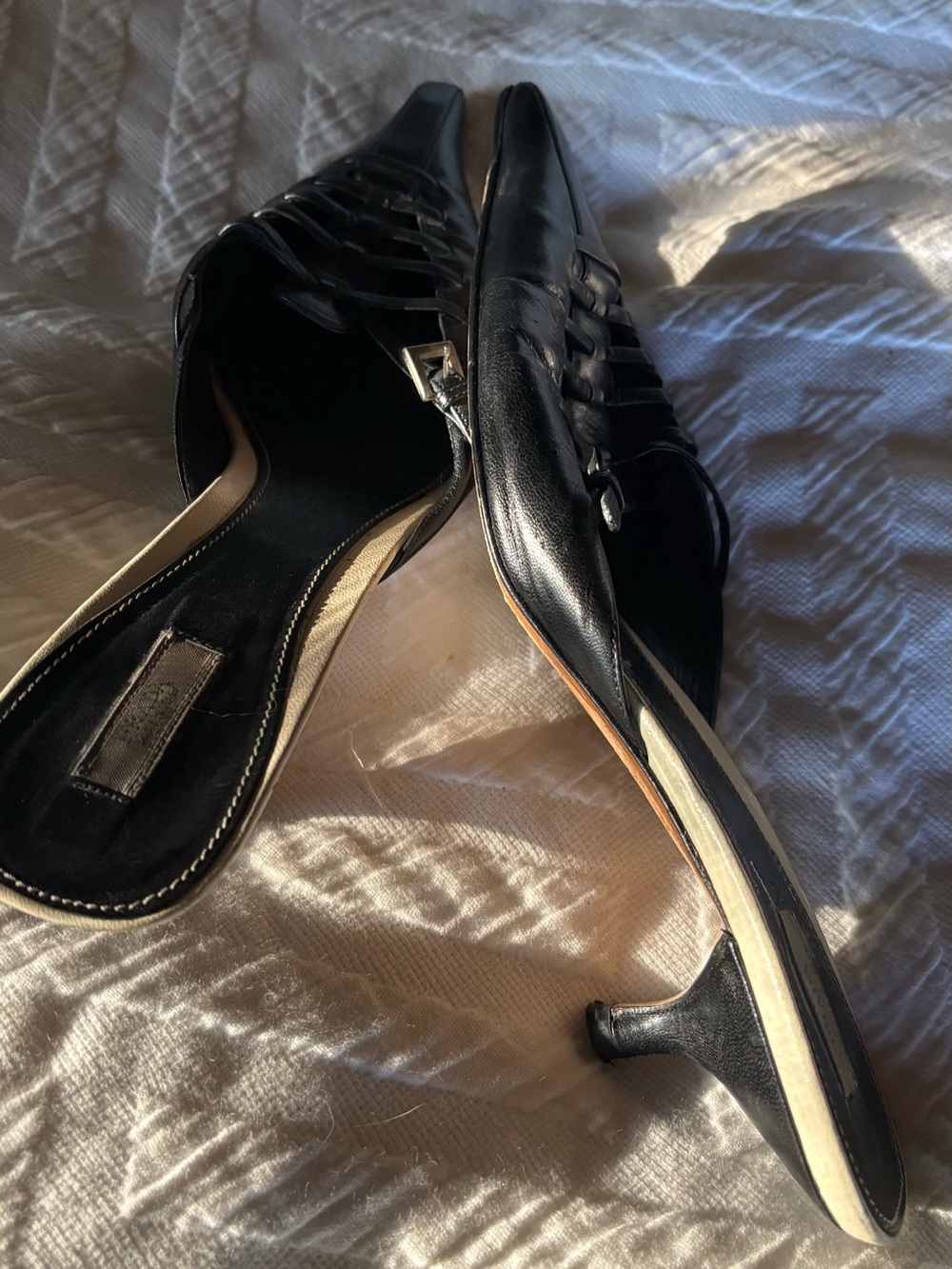Prada Black Leather Woven Pointed-Toe Mules - Picture 3 of 4